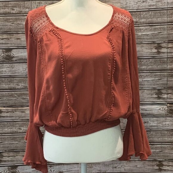 EXPRESS Bell Sleeve Burnt Orange Boho Top - Picture 3 of 4